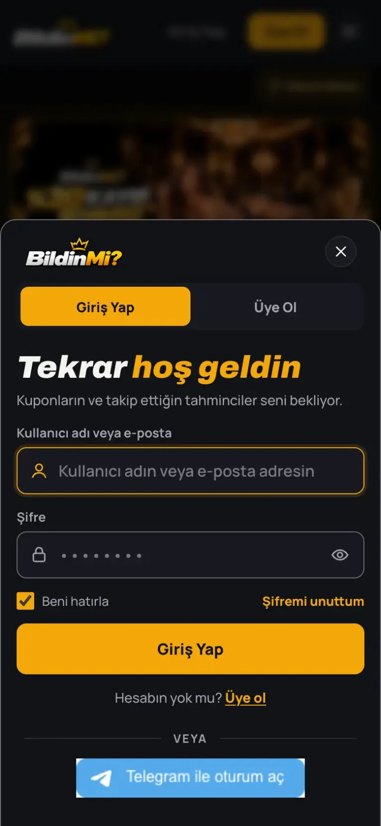 Mobil giriş penceresi ve şifre alanı